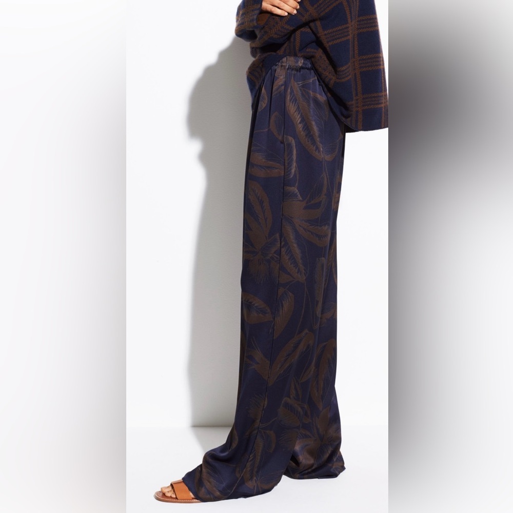 Vince Marine Palm Leaf Silk Navy & Brown Elastic Waistband Tie Front Pajama Pant